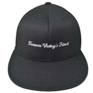 210 Fitted Baseball Cap Black White 7 1/4 Treasure Valley's Finest Flat Brim Hat